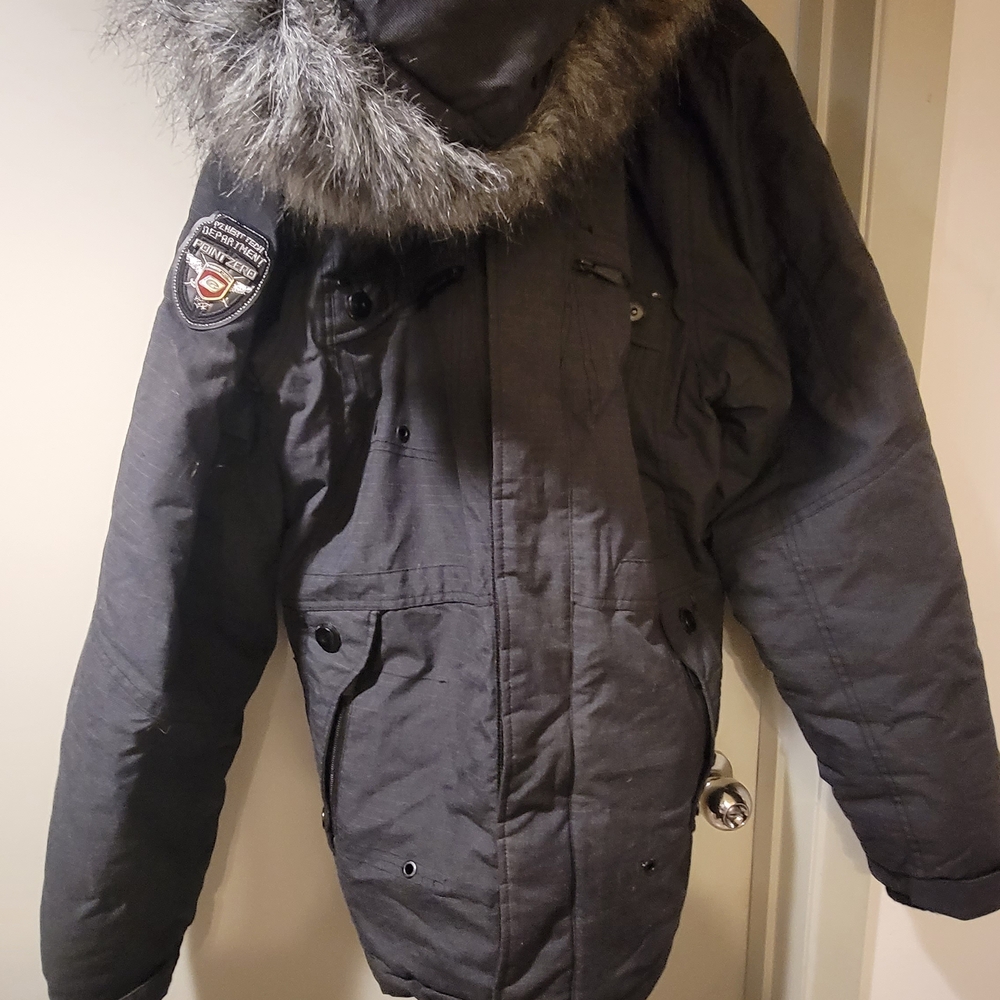Point Zero Black Parka Jacket with Faux Fur Trim
